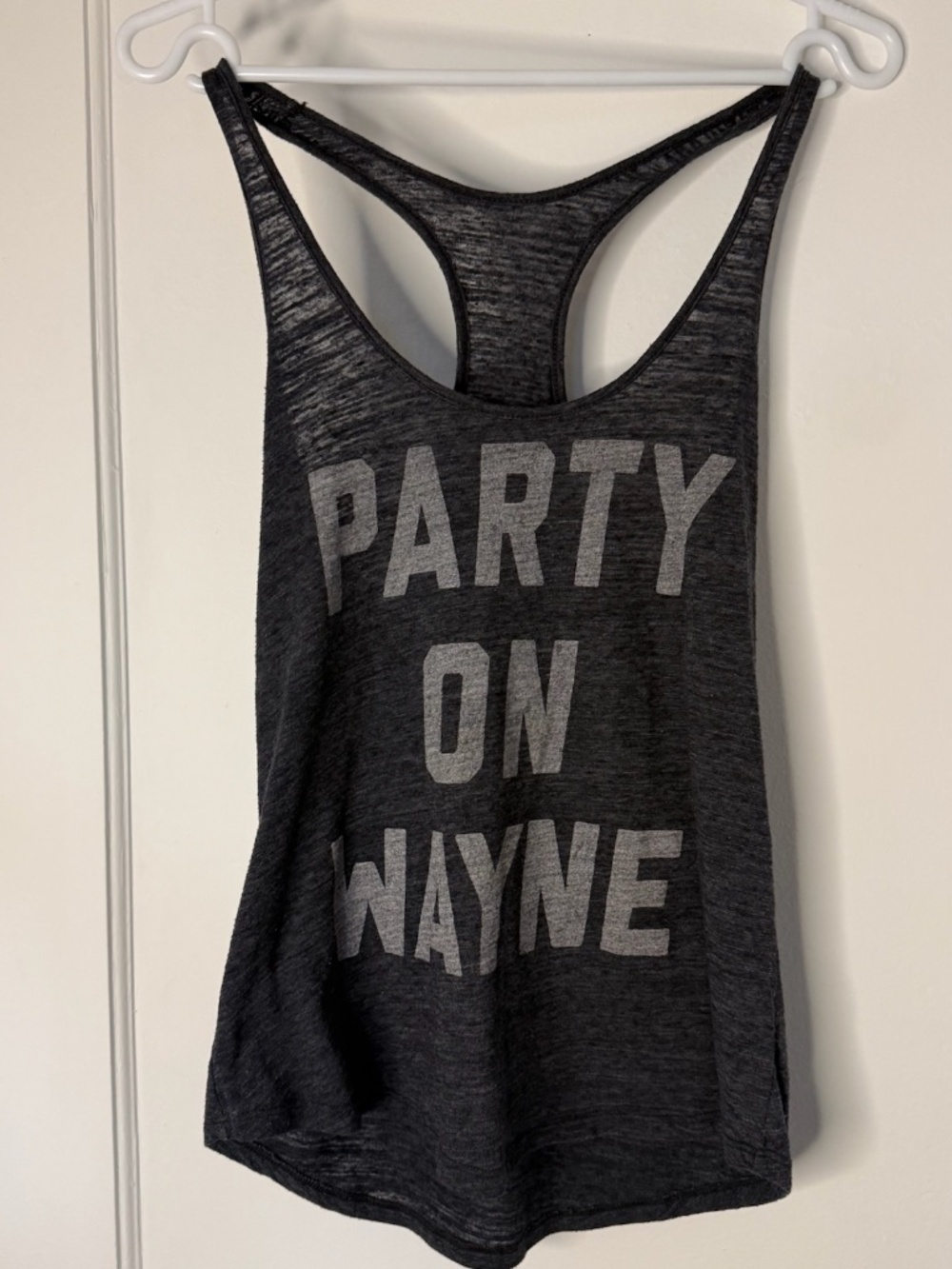 Party On Wayne racerback tank top oversized semi sheer gray buy me brunch sz med